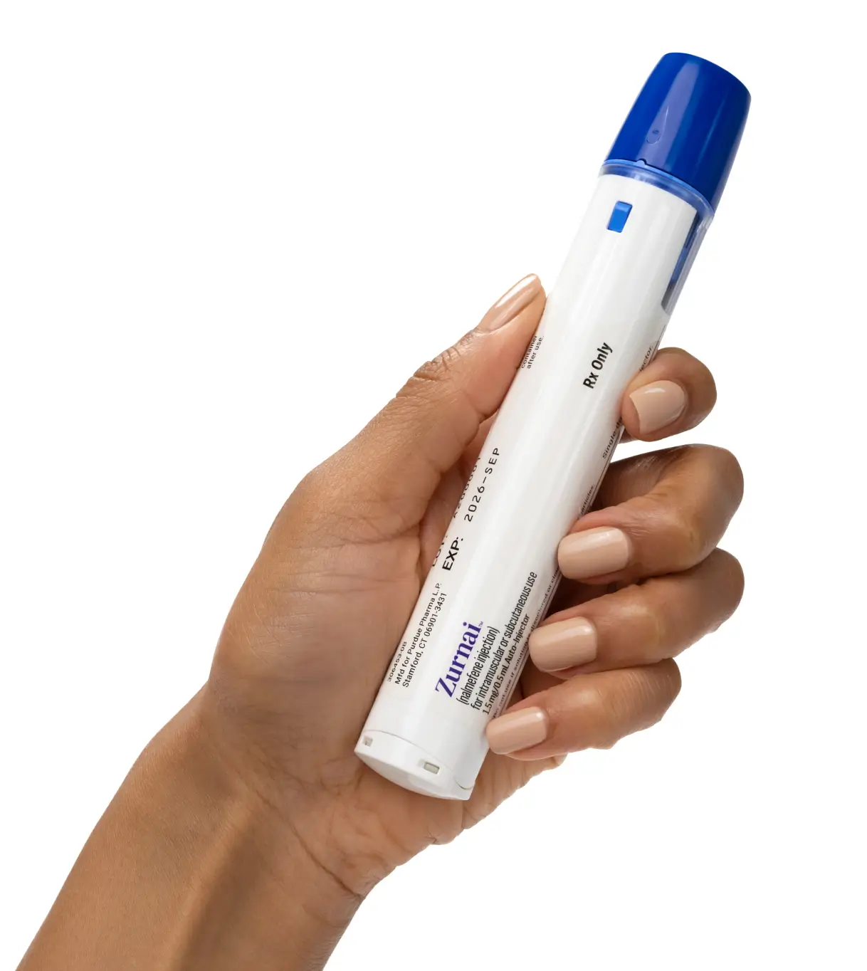 A woman's hand holding the ZURNAI auto-injector