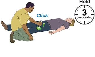 Illustration of a man administering the auto-injector into a person's thigh