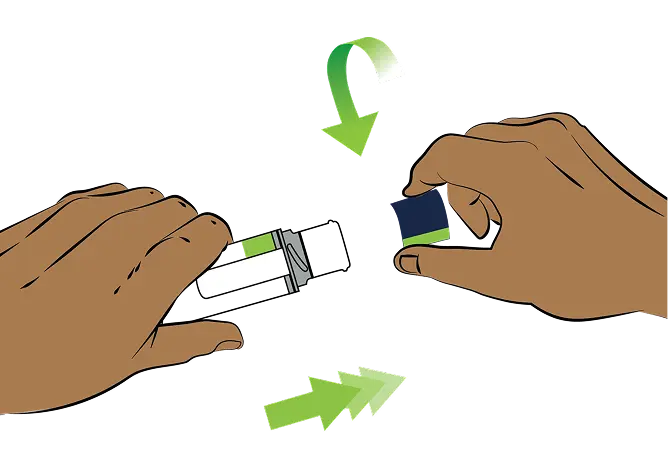 Illustration of two hands twisting and pulling the cap off the auto-injector
