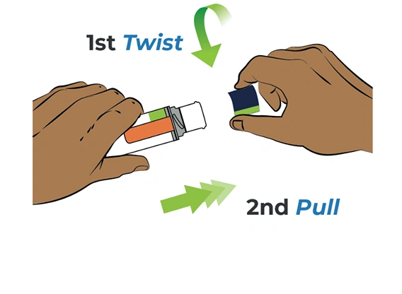 Illustration of two hands twisting and pulling the cap off the auto-injector